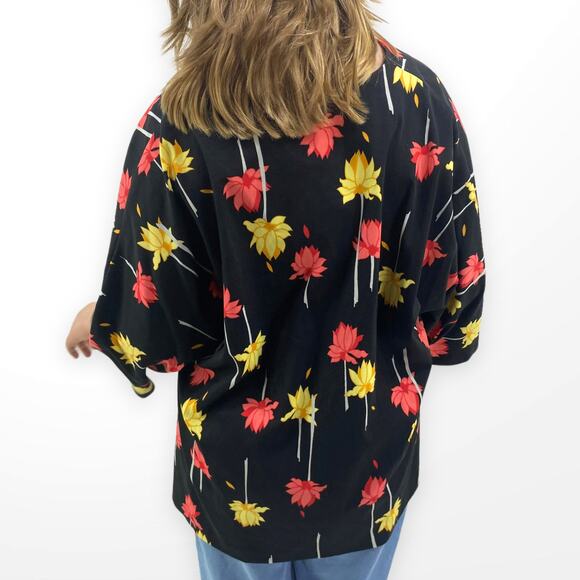 90s TOP NOTCH Vintage Black Red Floral Print V-Neck Blouse - Picture 3 of 6